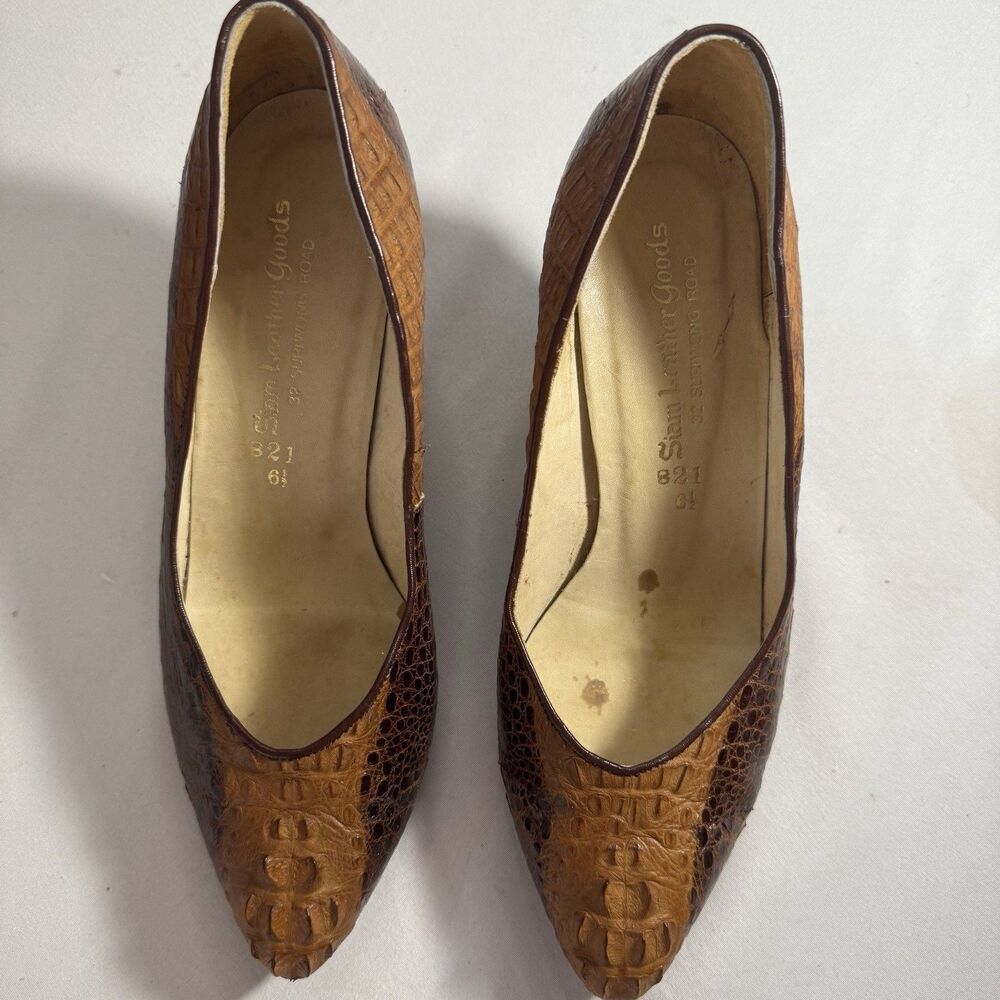 Siam Leather Shoes Handmade Brown Croc Embossed Leather Flats Low Heel Sz 6.5